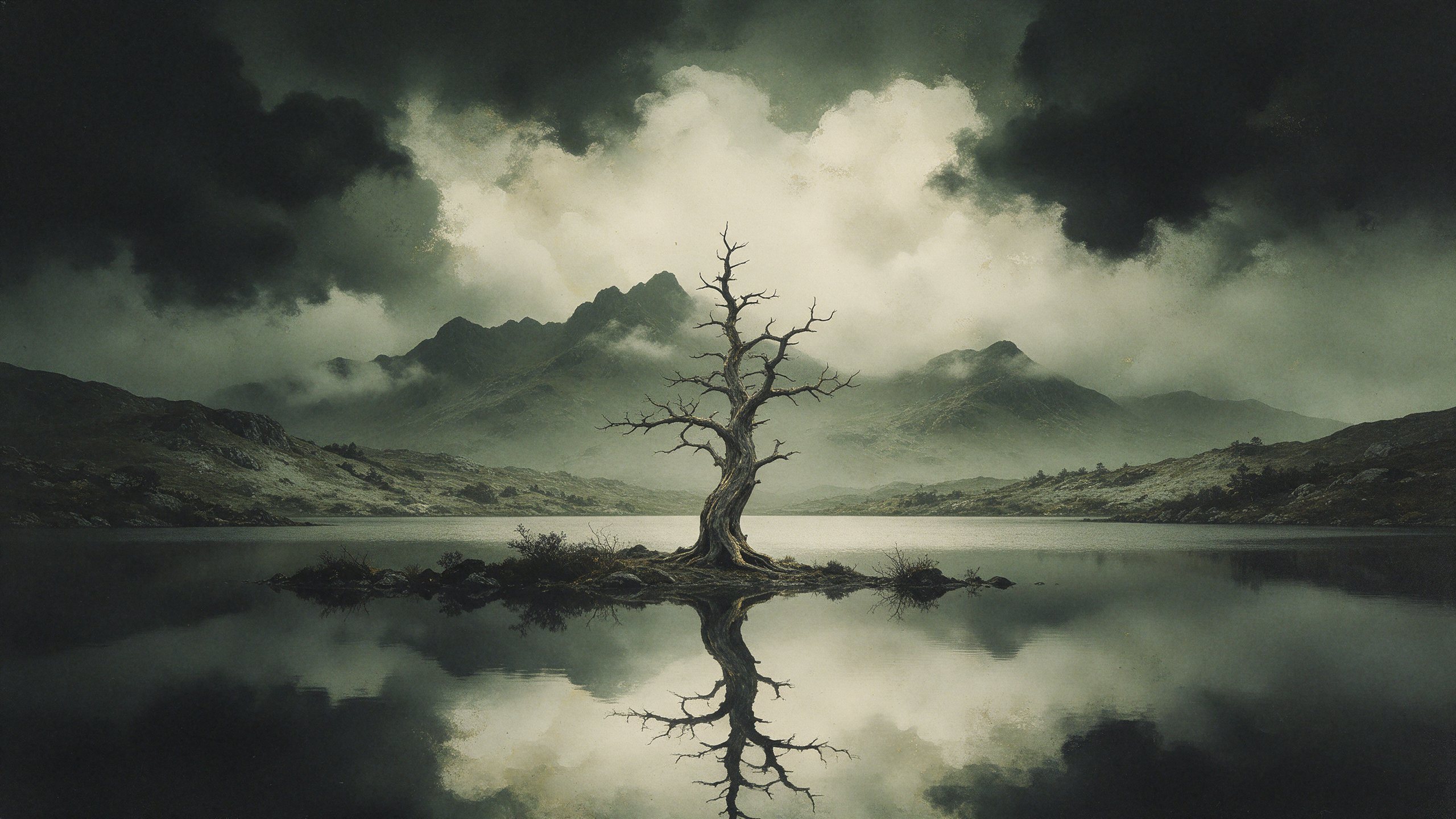 A dead pine on an island in a still mountain lake under low clouds